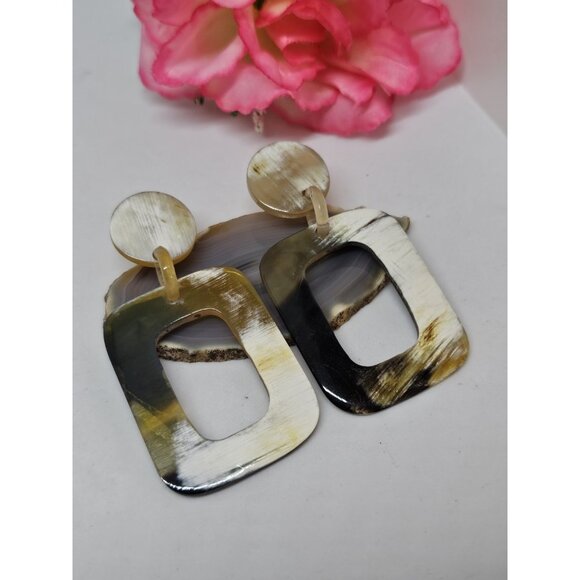 BUFFALO HORN Rectangle Dangle Drop Stud Statement EARRINGS Brown White Beige - Picture 5 of 10